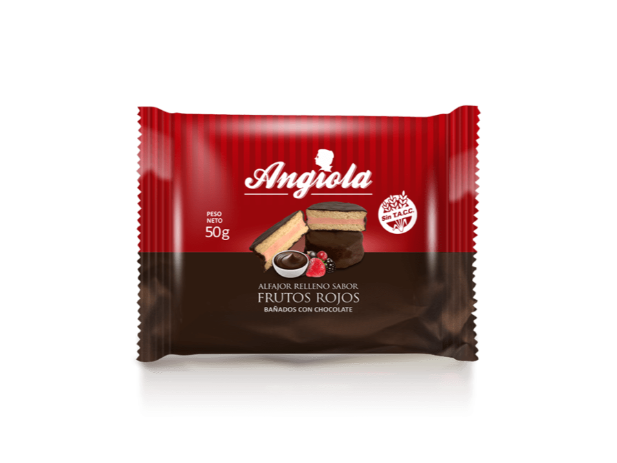 Alfajor Angiola mousse frutos rojos y baño de chocolate