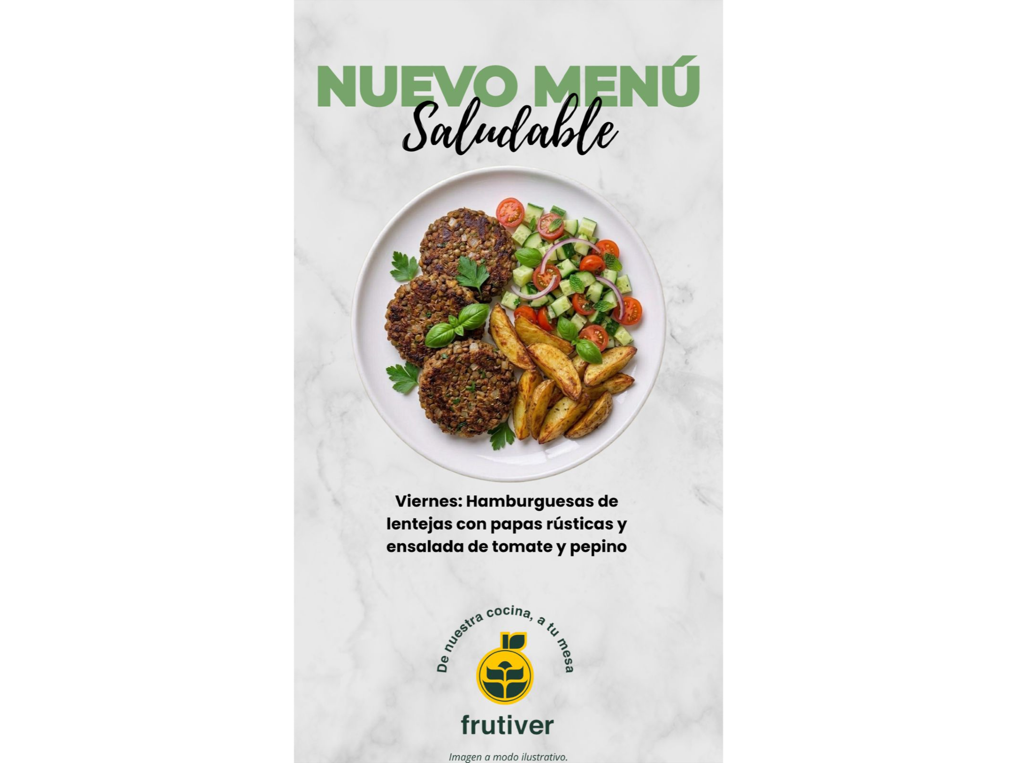 HAMBURGUESA DE LENTEJAS CON PAPAS RUSTICAS Y ENS DE TOMATE Y PEPINO