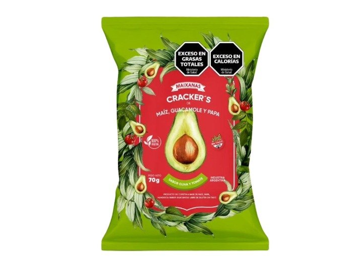 Cracker‘s de Maíz, Guacamole y Papa. Sabor Oliva y Tomate.