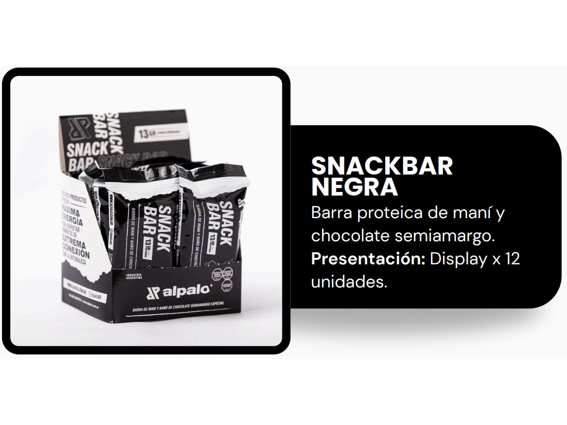 Snackbar Negra. Display x 12 unidades