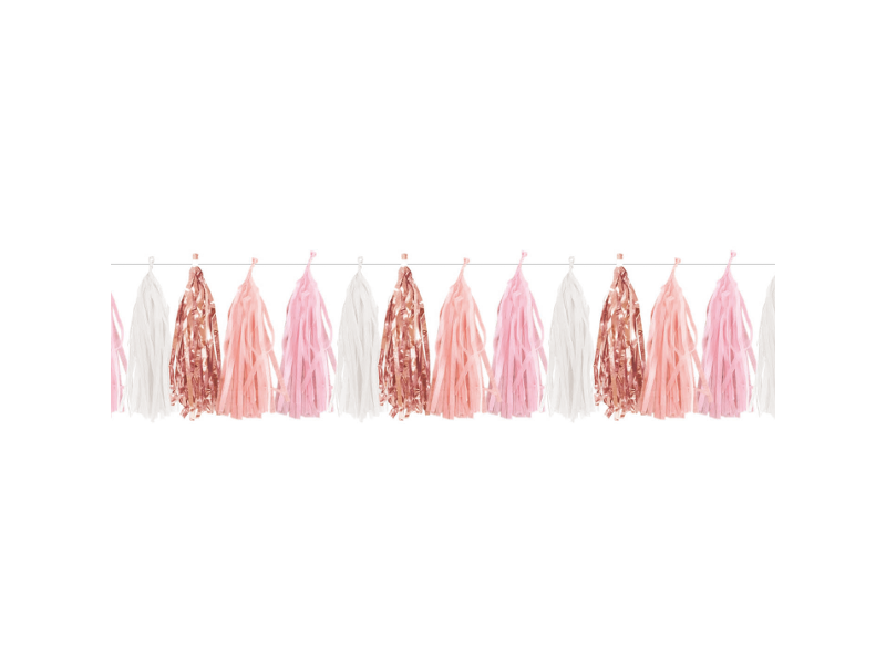 Guirnalda de Borlas Mix Rosa, Blanco y Rose Gold (36 Piezas - 300 cm)