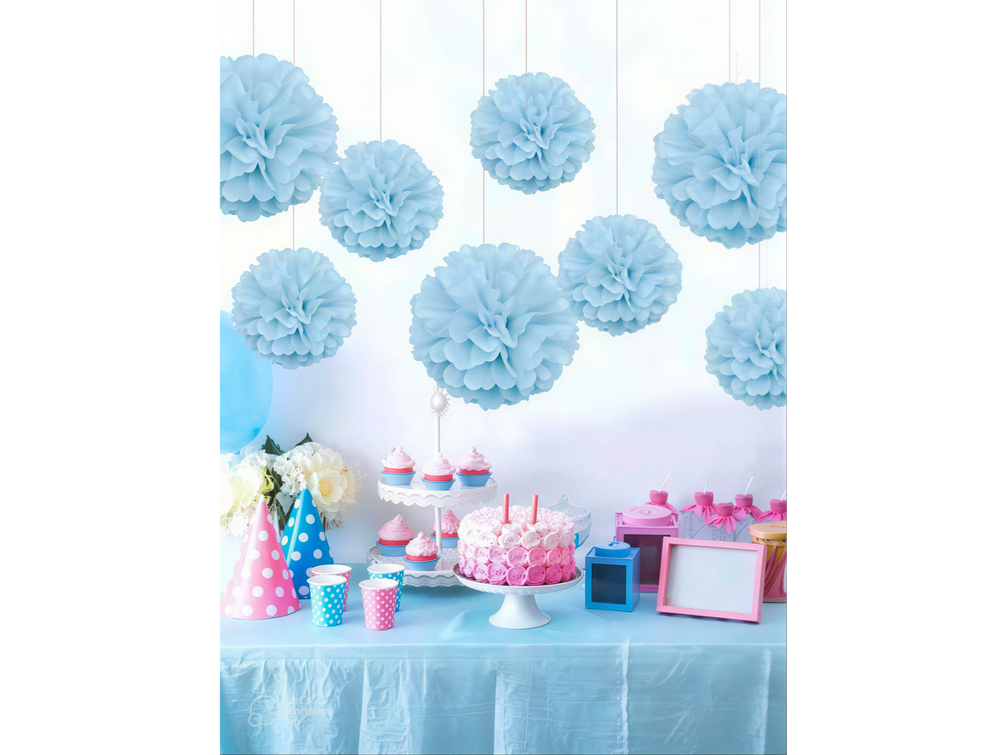 Set de Pompones de Papel Seda - Celeste Pastel (X9)