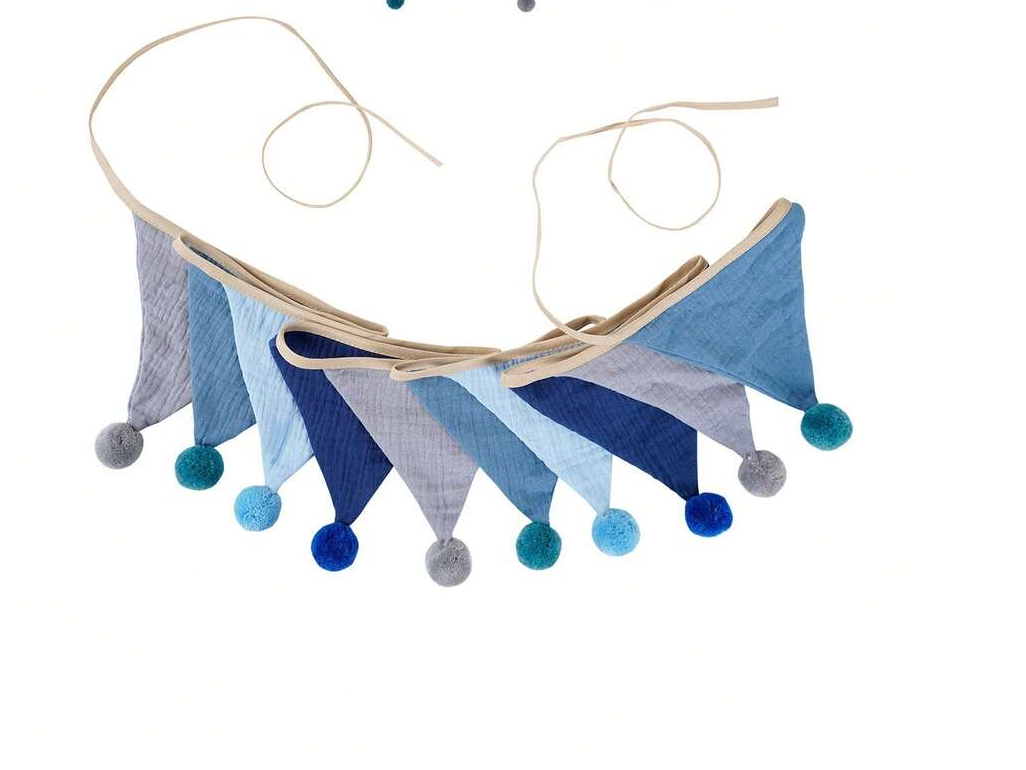 Banderín de Tela Triángulos Azules con Pompones