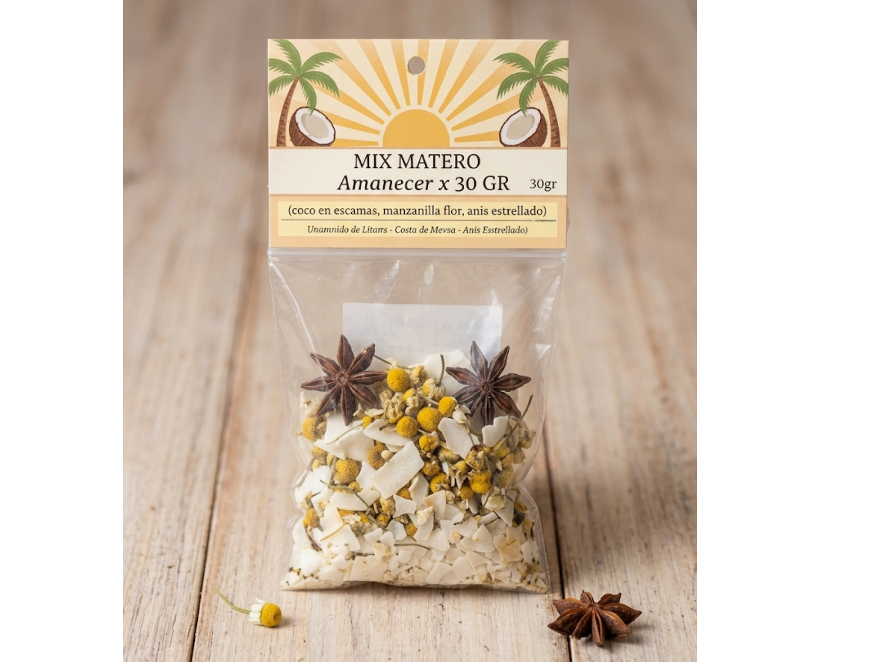 MIX MATERO AMANECER x 30 GR (coco en escamas, manzanilla flor, anis estrellado)