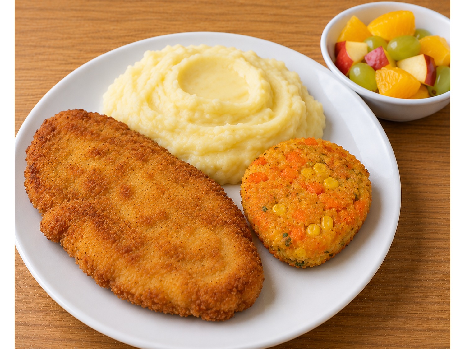 Milanesa de Pollo + Puré de Papa + Croqueta de Zanahoria y Choclo + Fruta de Estación