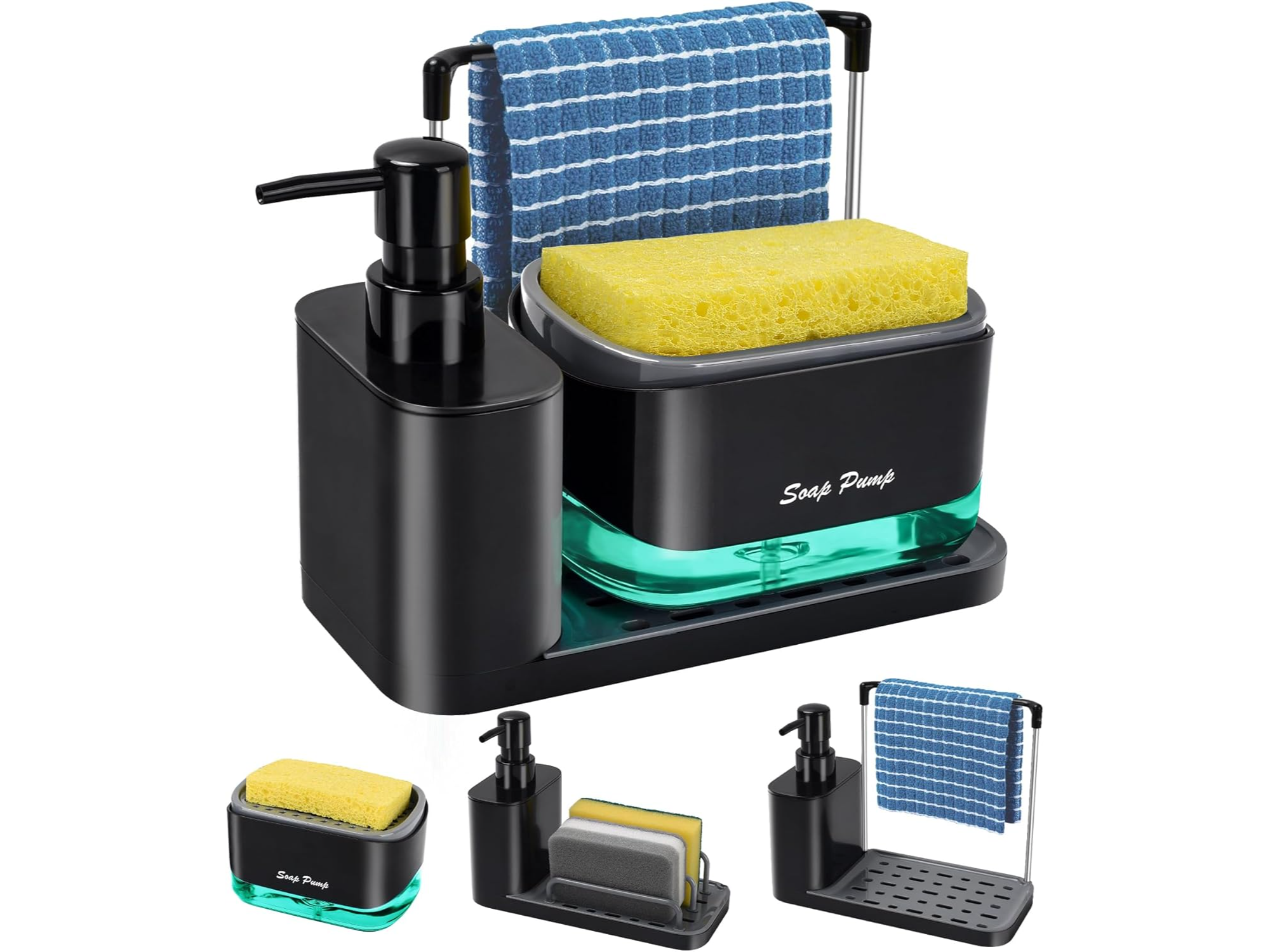 Set Dispensador de Jabon de Cocina con bandeja y Soporte para esponja