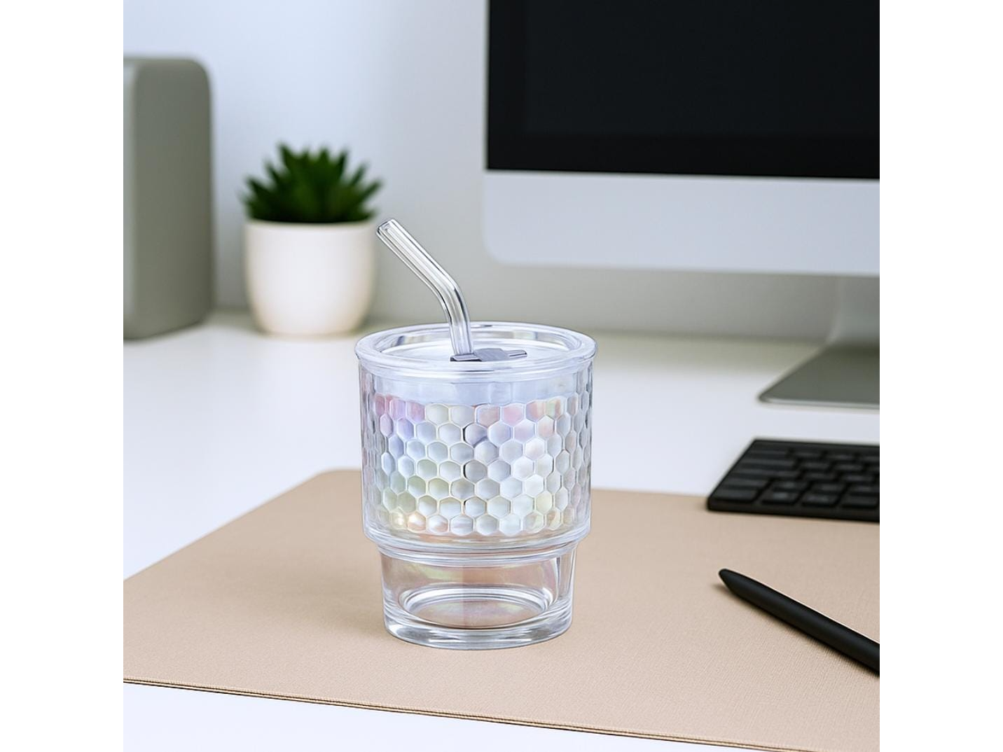 VASO TORNASOLADO CON BOMBILLA DE VIDRIO