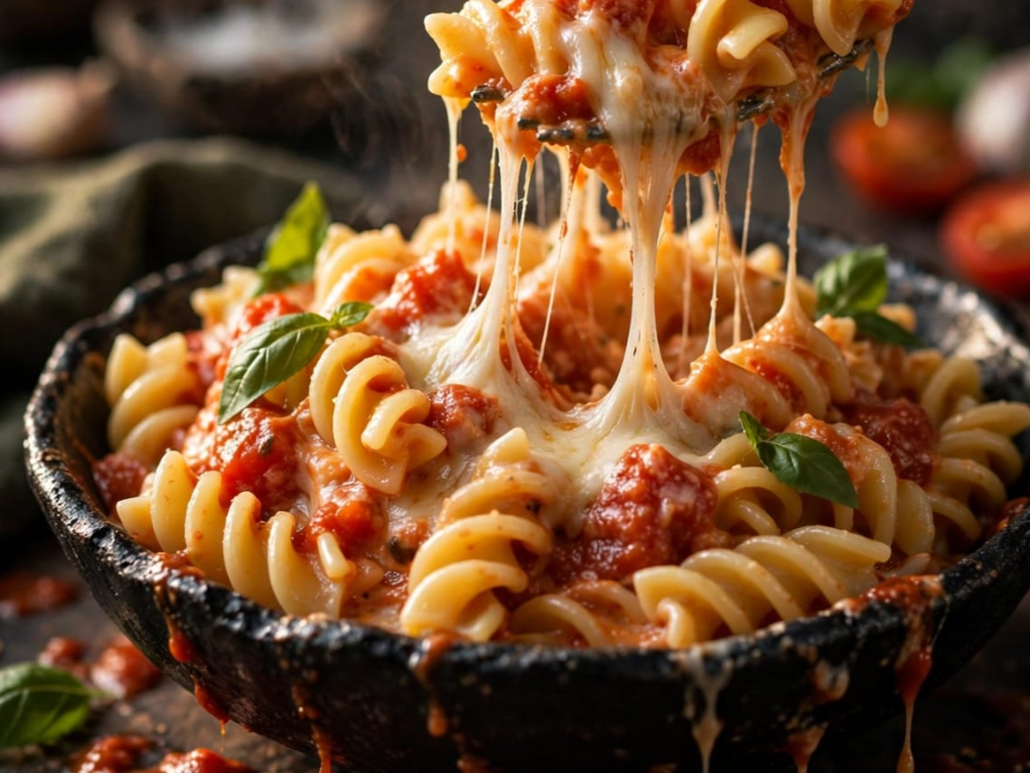FUSILLI CREMOSO CON TOMATE Y QUESO FUNDIDO