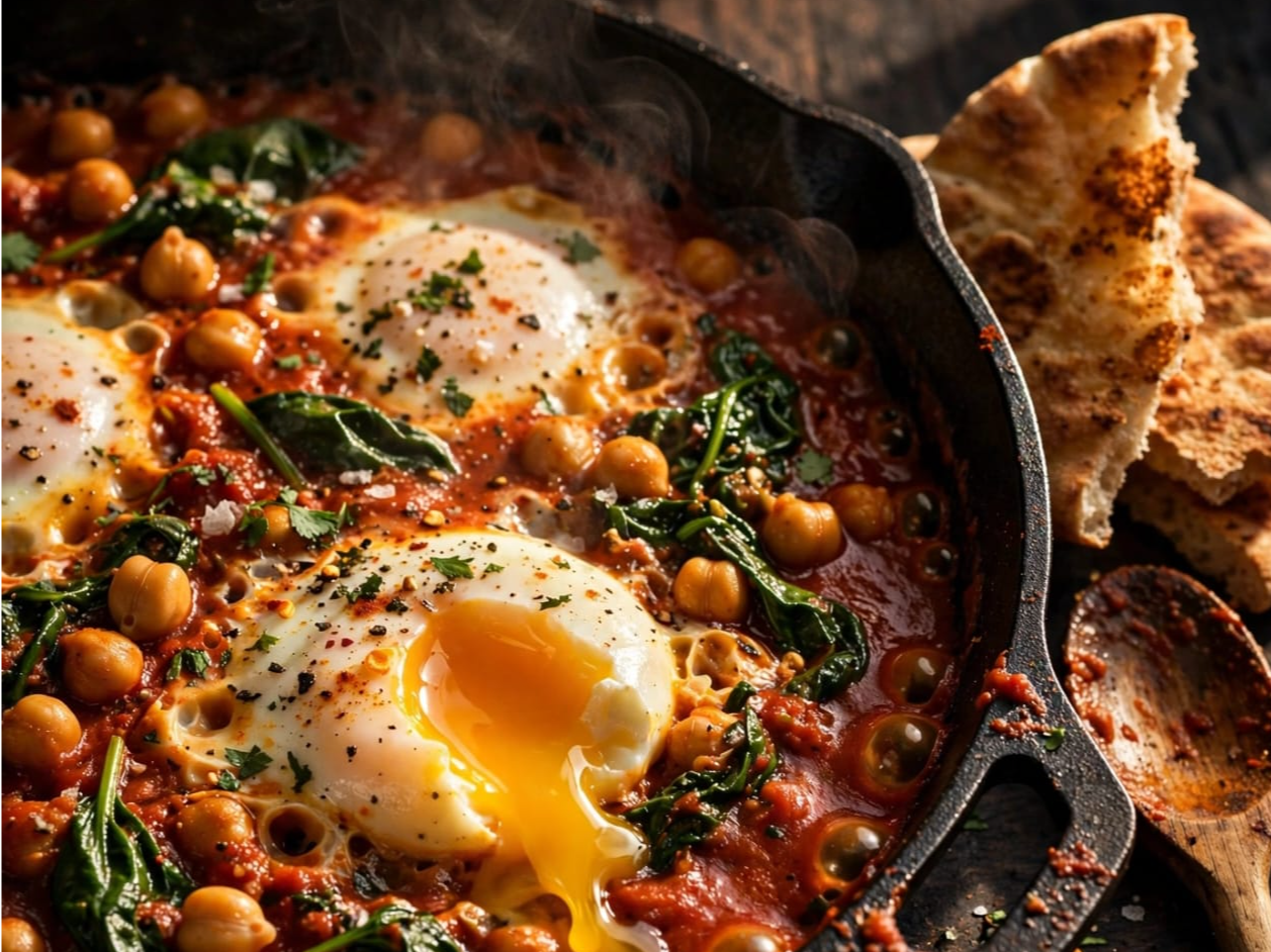 HUEVOS EN SALSA DE TOMATE CON GARBANZOS Y ESPINACA