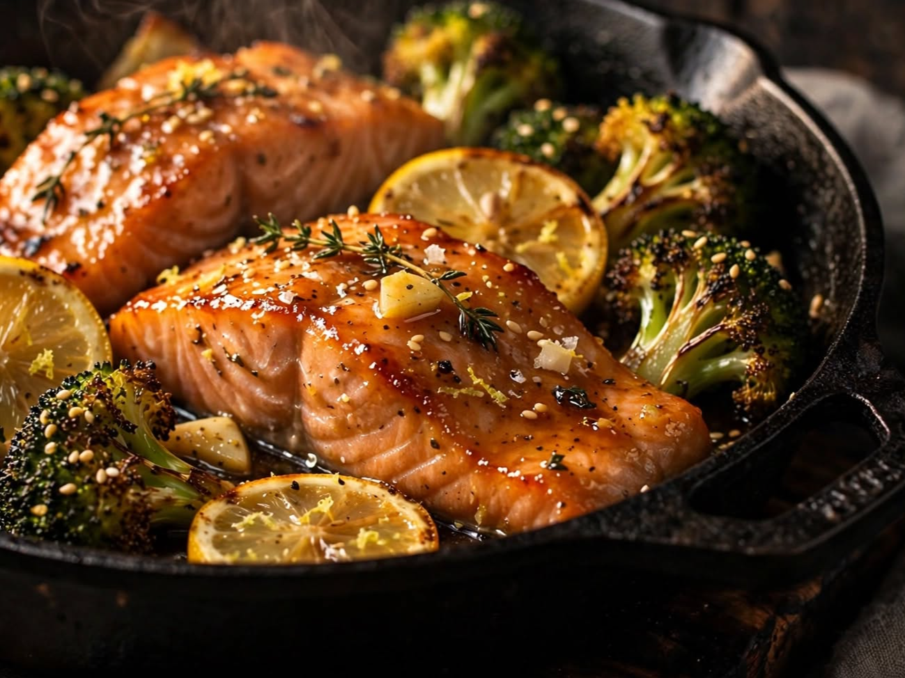 SALMÓN GLASEADO CON MIEL, LIMÓN Y BRÓCOLI TOSTADO