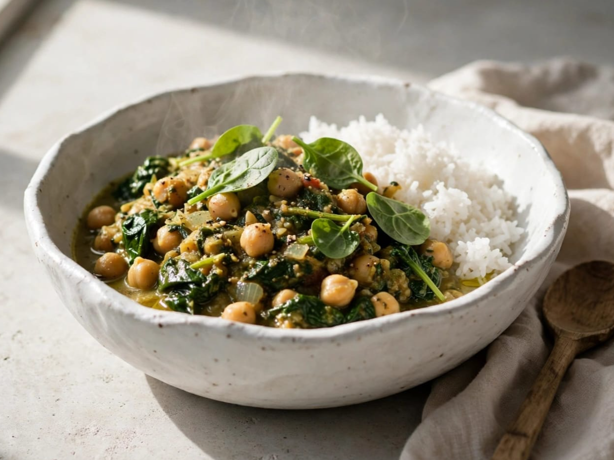 GARBANZOS CON ESPINACA Y ARROZ BLANCO