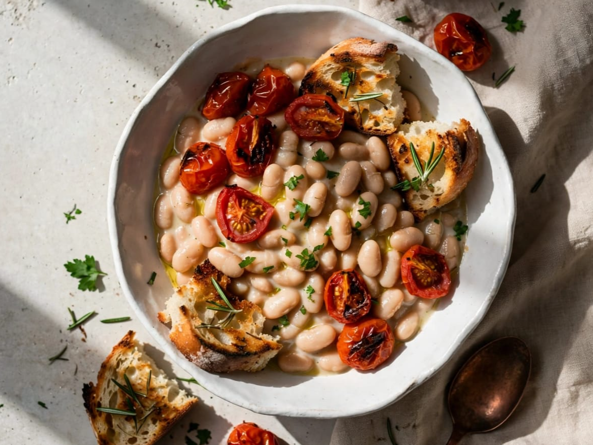 POROTOS BLANCOS CREMOSOS CON TOMATE ASADO Y PAN