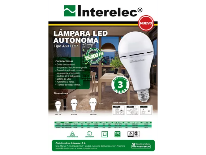 Lampara Led Autonoma Emergencia 12w Fria 4hs Litio Interelec