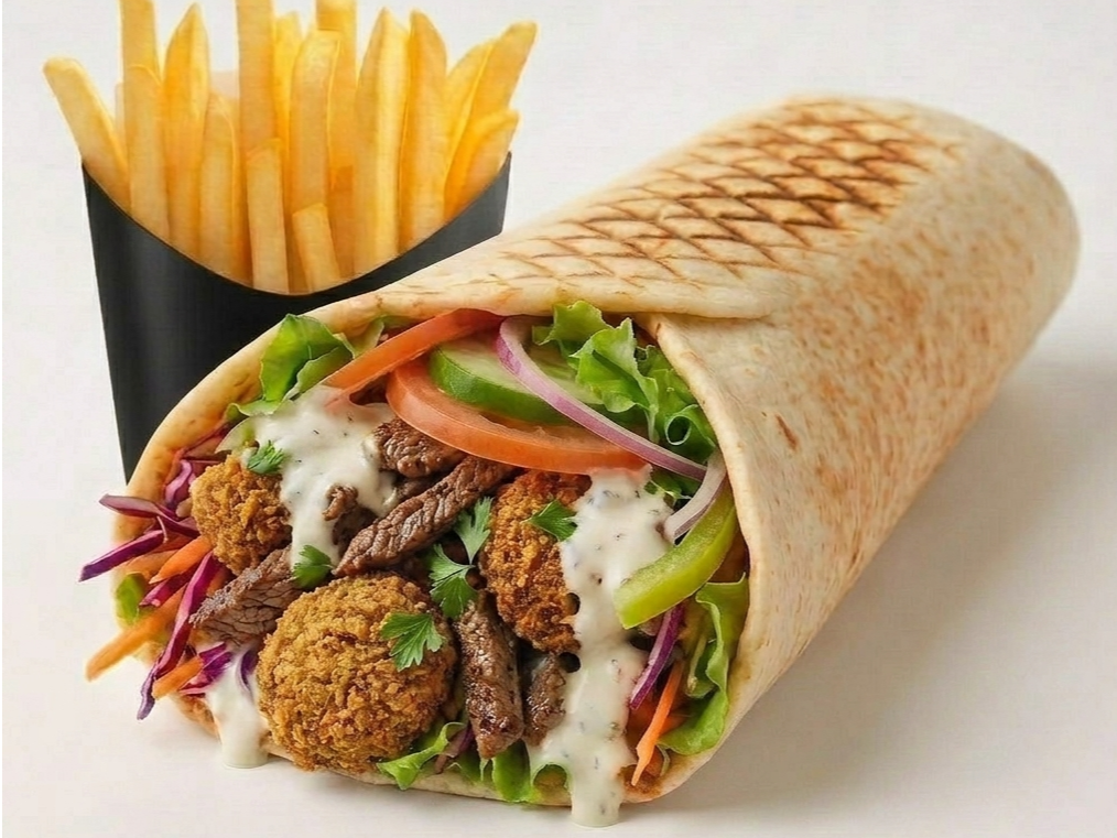 Wrap ternera & falafel + papas
