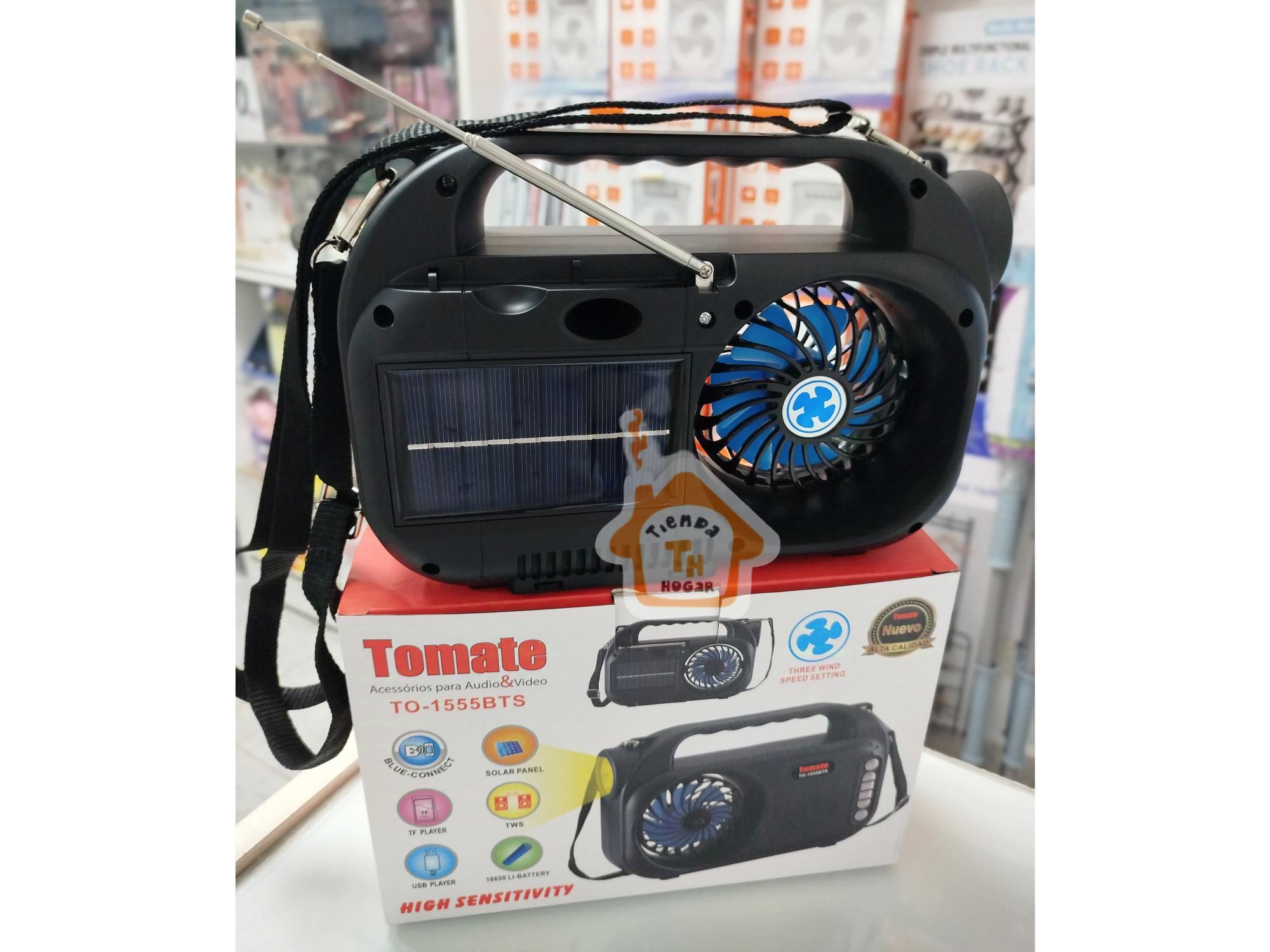 Ventilador Parlante Linterna Carga Solar 3 En1
