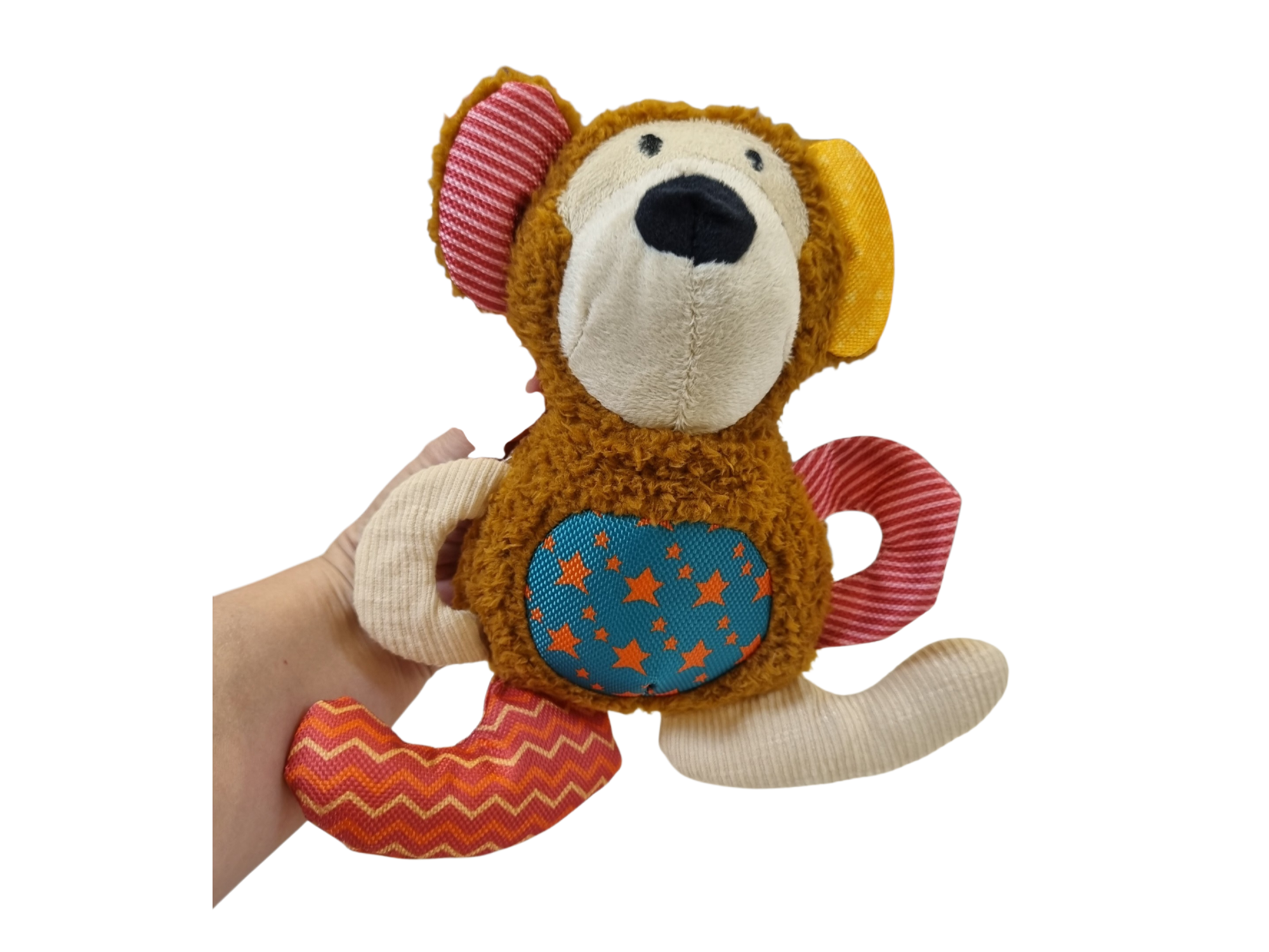 Peluche multicolor para mascotas, diseñado con texturas mixtas y un chirriador interno