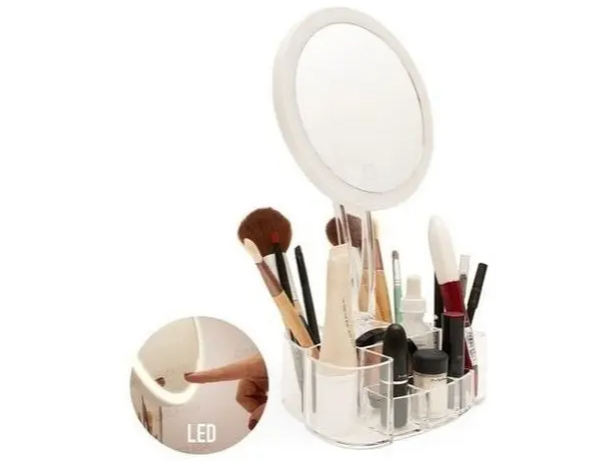 Espejo de maquillaje acrílico con organizador con luz LED