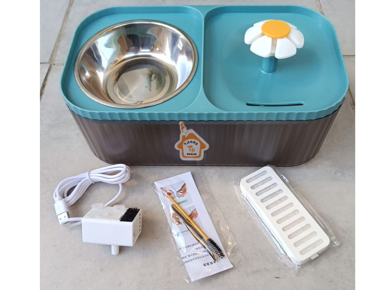 Bebedero automático más plato acero para mascotas