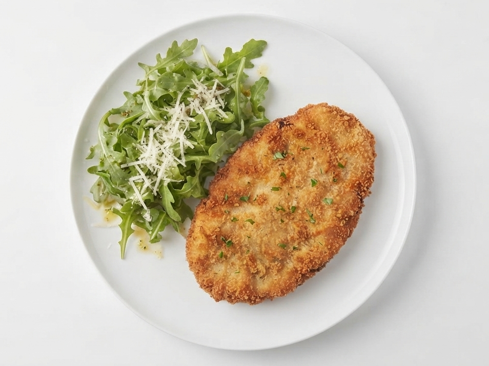Milanesa de berenjena con rúcula y queso