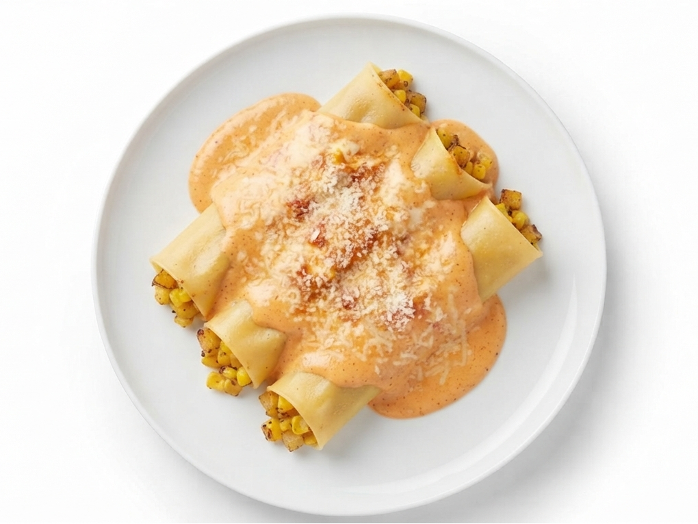 Canelones de choclo y calabaza con salsa mixta
