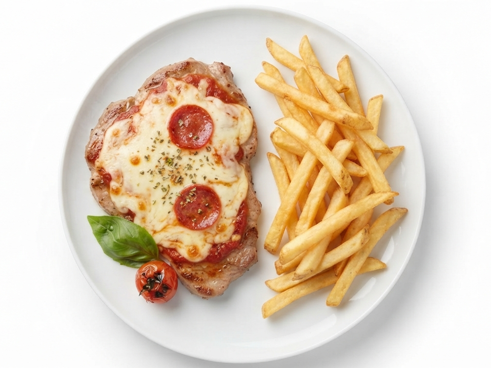 Vacío de cerdo a la pizza con papas