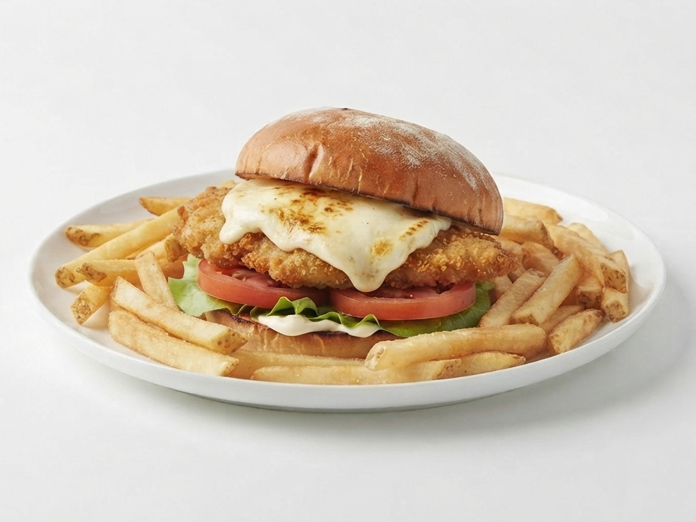 Sandwich de hamburguesa de pollo con papas fritas