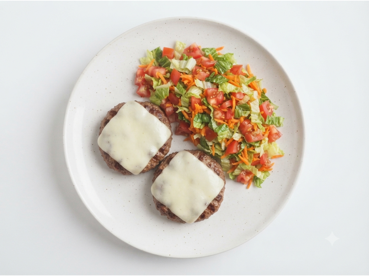 Hamburguesas con queso y ensalada tricolor