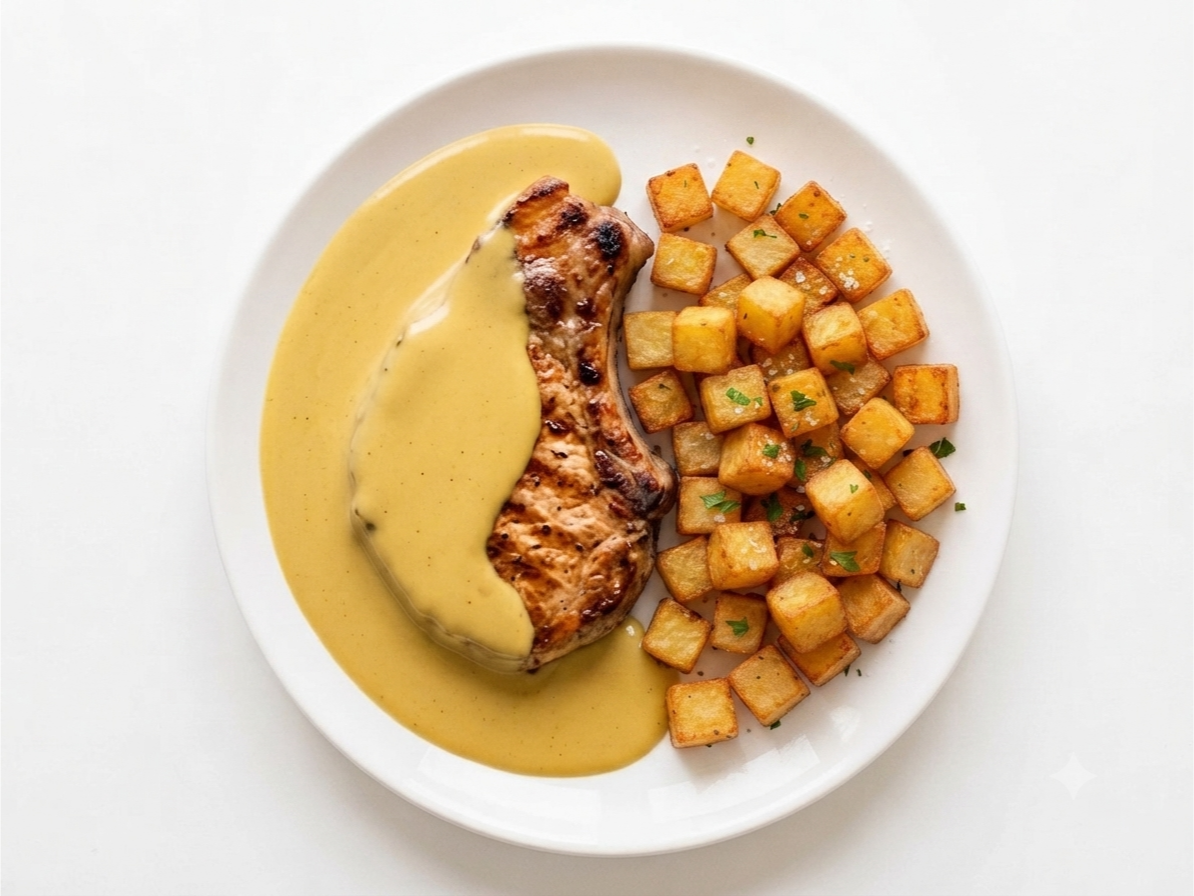 Costeleta de cerdo a la mostaza con papas doré
