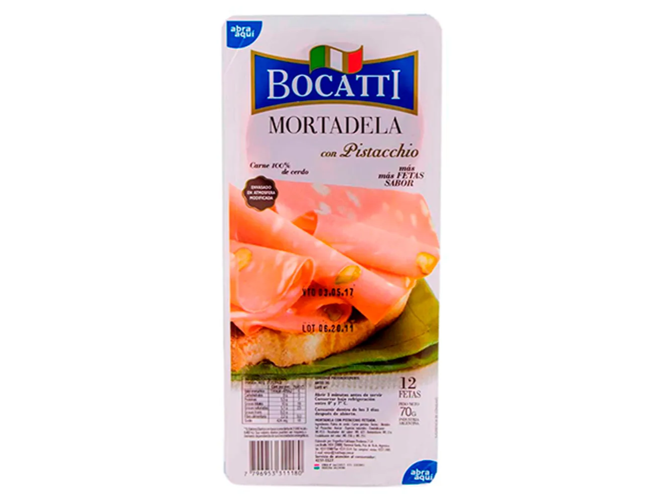 MORTADELA CON PISTACHO BOCATTI FETEADA 70G
