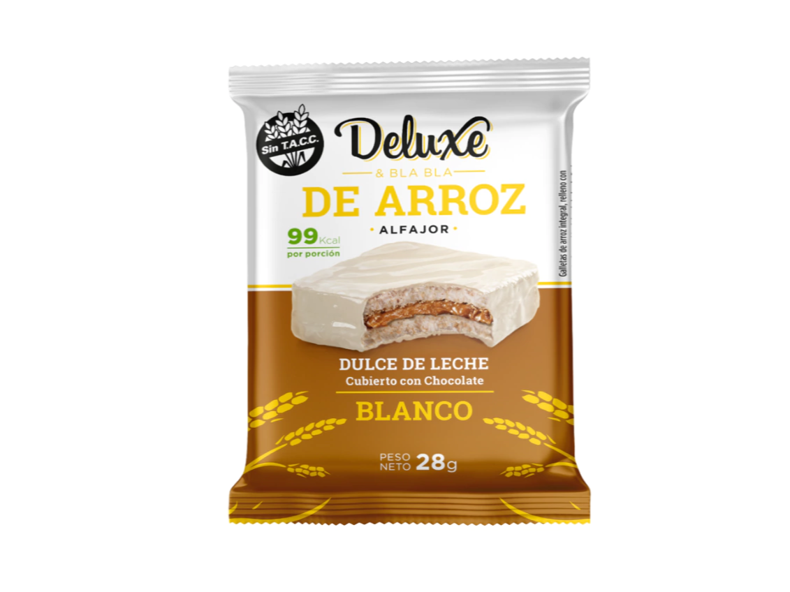 Alfajor de arroz bañado choco blanco con dulce de leche