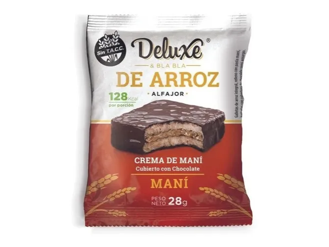 Alfajor de arroz bañado choco negro con crema de maní