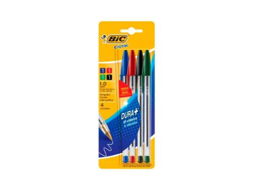 Boligrafo Lapicera Escolar Bic Blister X 3 + 1 Gratis Cristal Cuatro colores