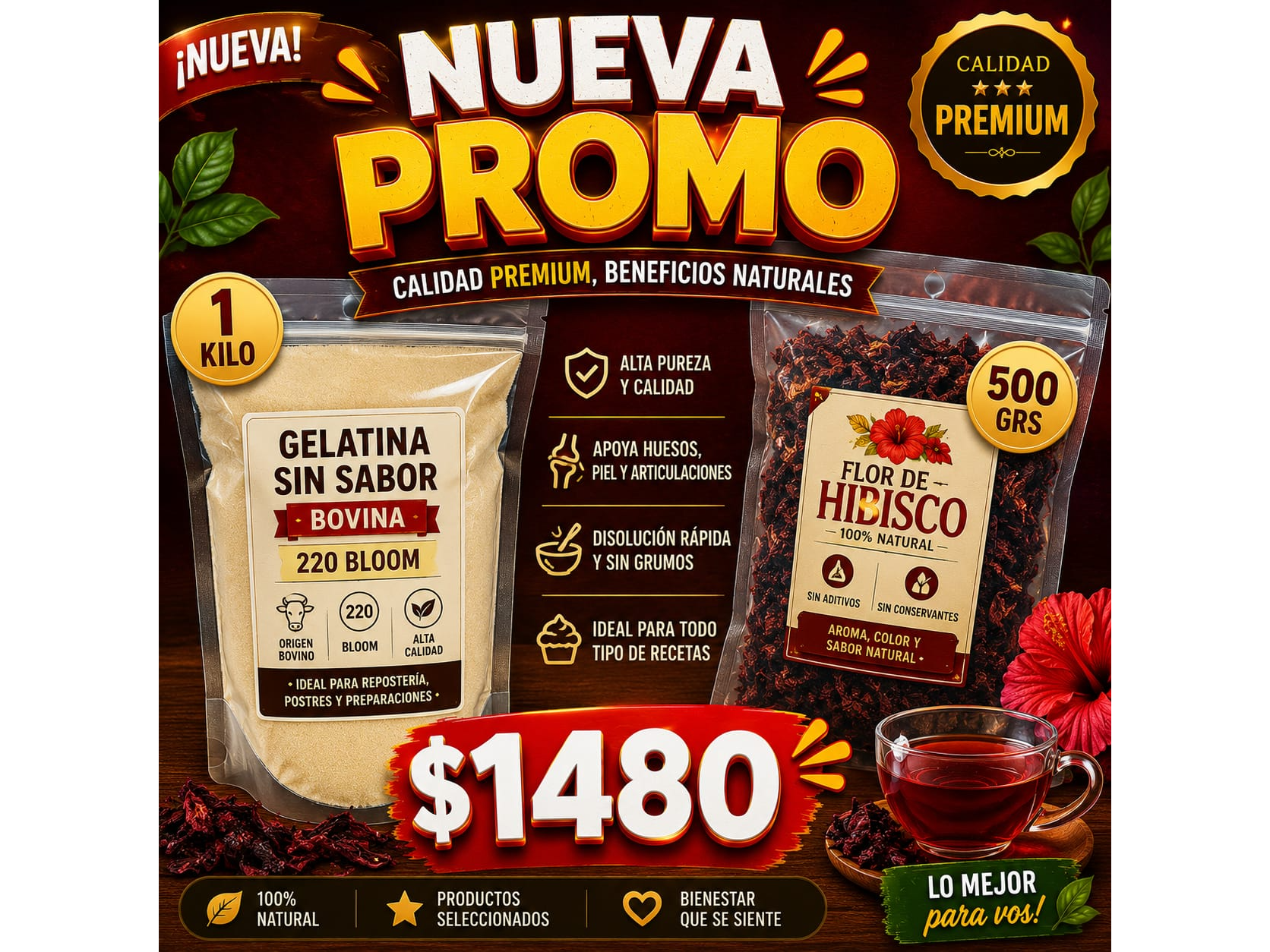NUEVA PROMO 1KG DE GELTINA Y 500GR DE FLOR DE JAMAICA