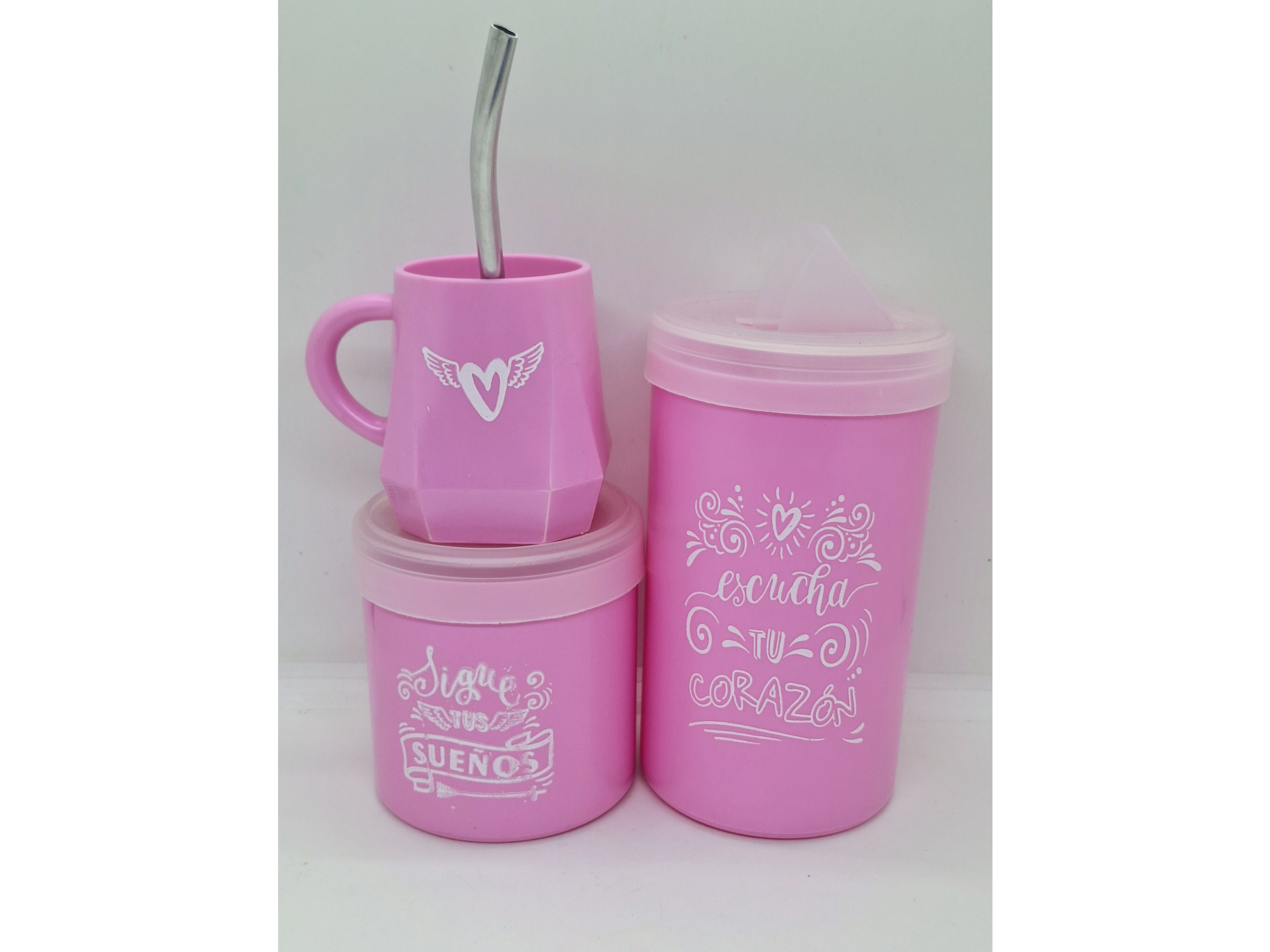 Set ROSA  Contiene yerbera y azucarera con frase – Tapa traslúcida + mate con serigrafia