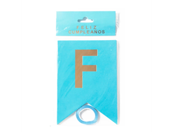 BANDERIN FELIZ CUMPLEAÑOS CELESTE Y DORADO