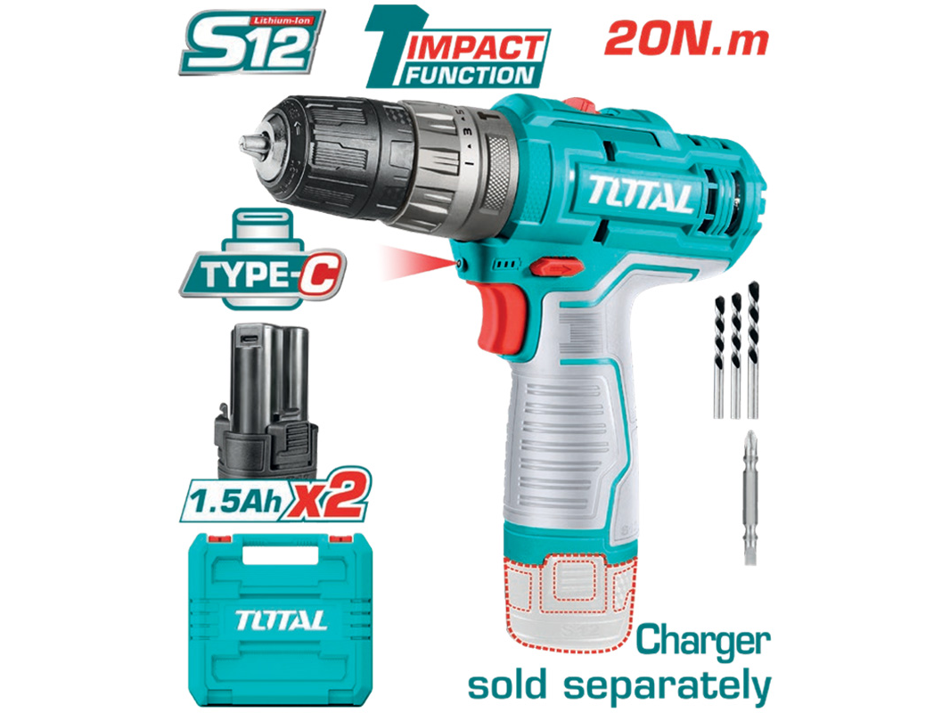 Taladro Percutor inalambrico 12V 1500 rpm (MALETIN Y 2 BATERIAS) TOTAL TIDLI12202