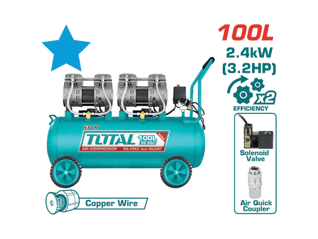 Compresor 100L SIN ACEITE INDUSTRIAL TOTAL TCS2241008-4  3.2 HP Mando Directo