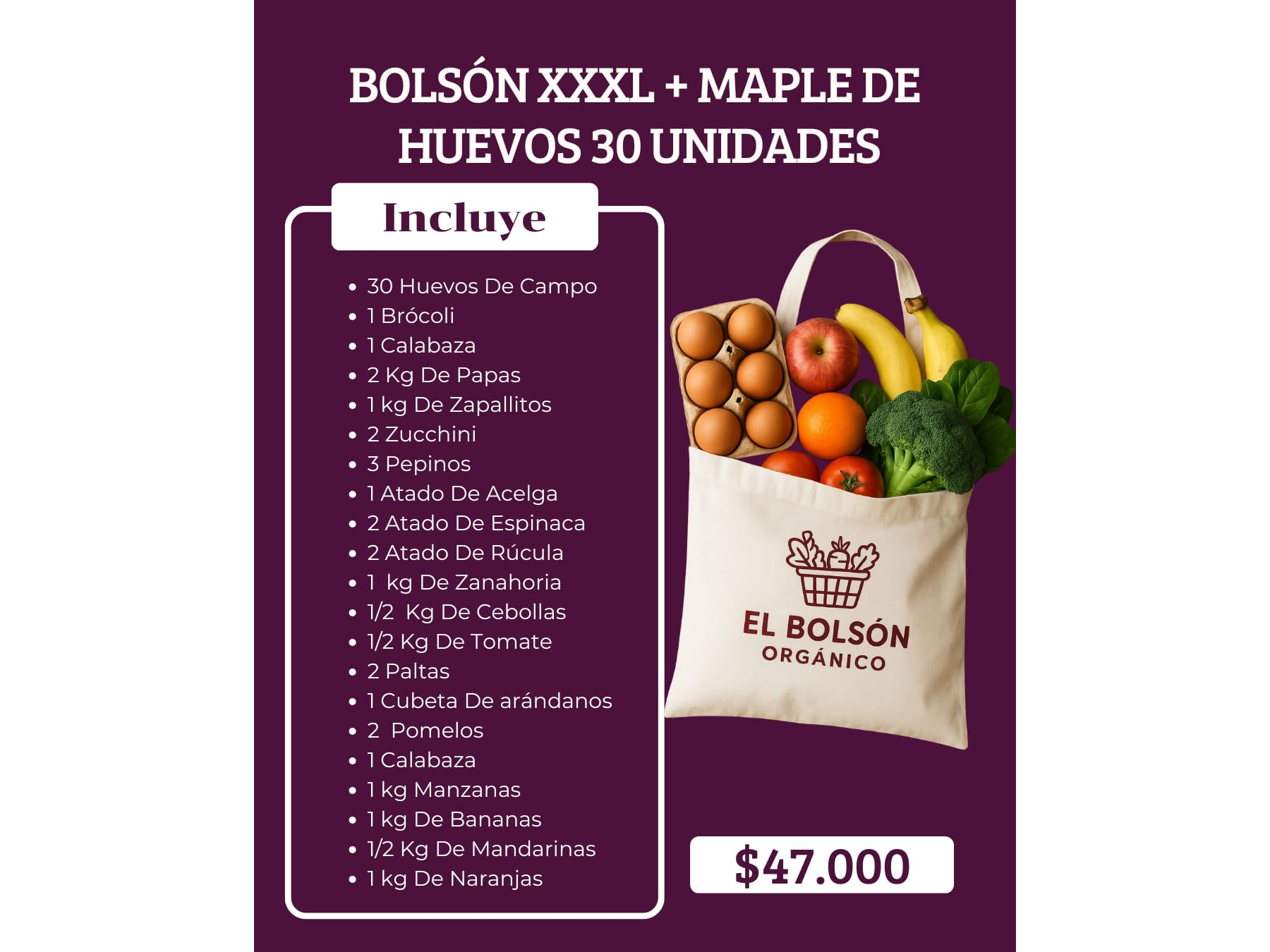 Combo bolson xxxxl + maple de 30 huevos