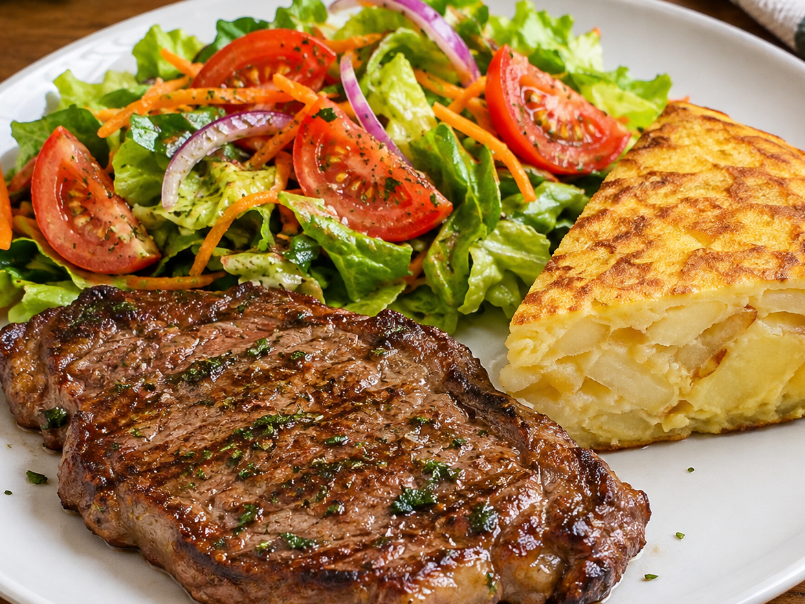 Carne al horno con Tortilla de papa y Ensalada.