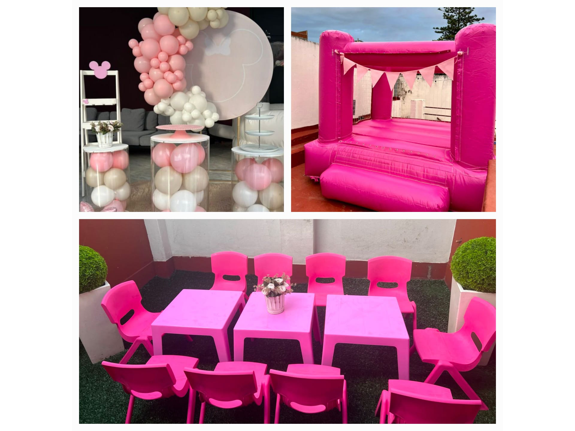 COMBO 12 INFLABLE PINK + 10 SILLAS C/MESAS ROSA + DECO