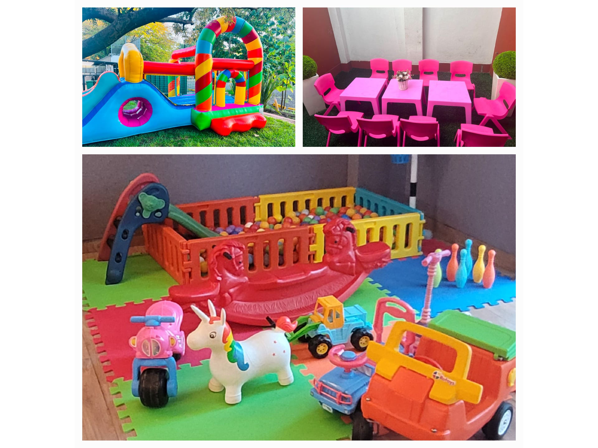COMBO 2 INFLABLE + PLAZA BLANDA (con pelotero) + 10 SILLAS C/MESAS