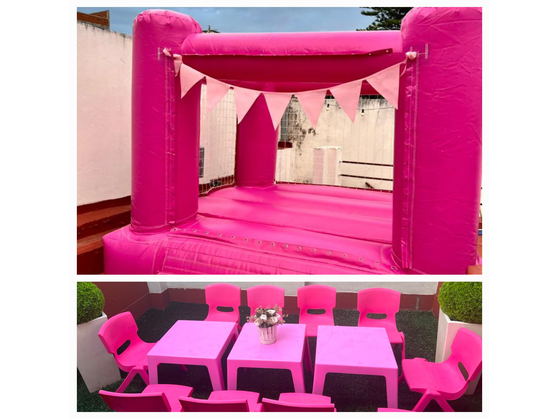 COMBO 11 PINK INFLABLE PINK + 10 SILLAS C/MESAS ROSA