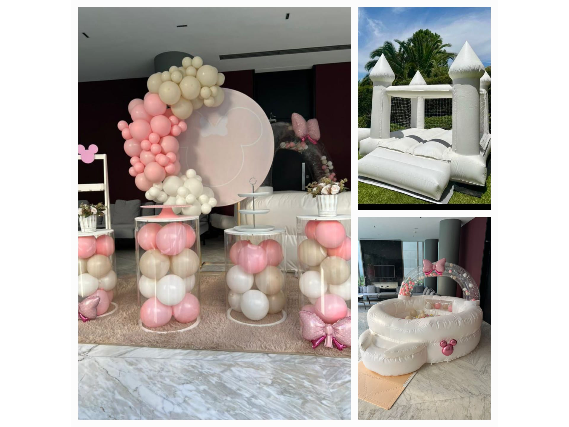 COMBO 6 INFLABLE PICOS WHITE 3X3 + PELOTERO BURBUJAS+ DECO MINNIE BEBE