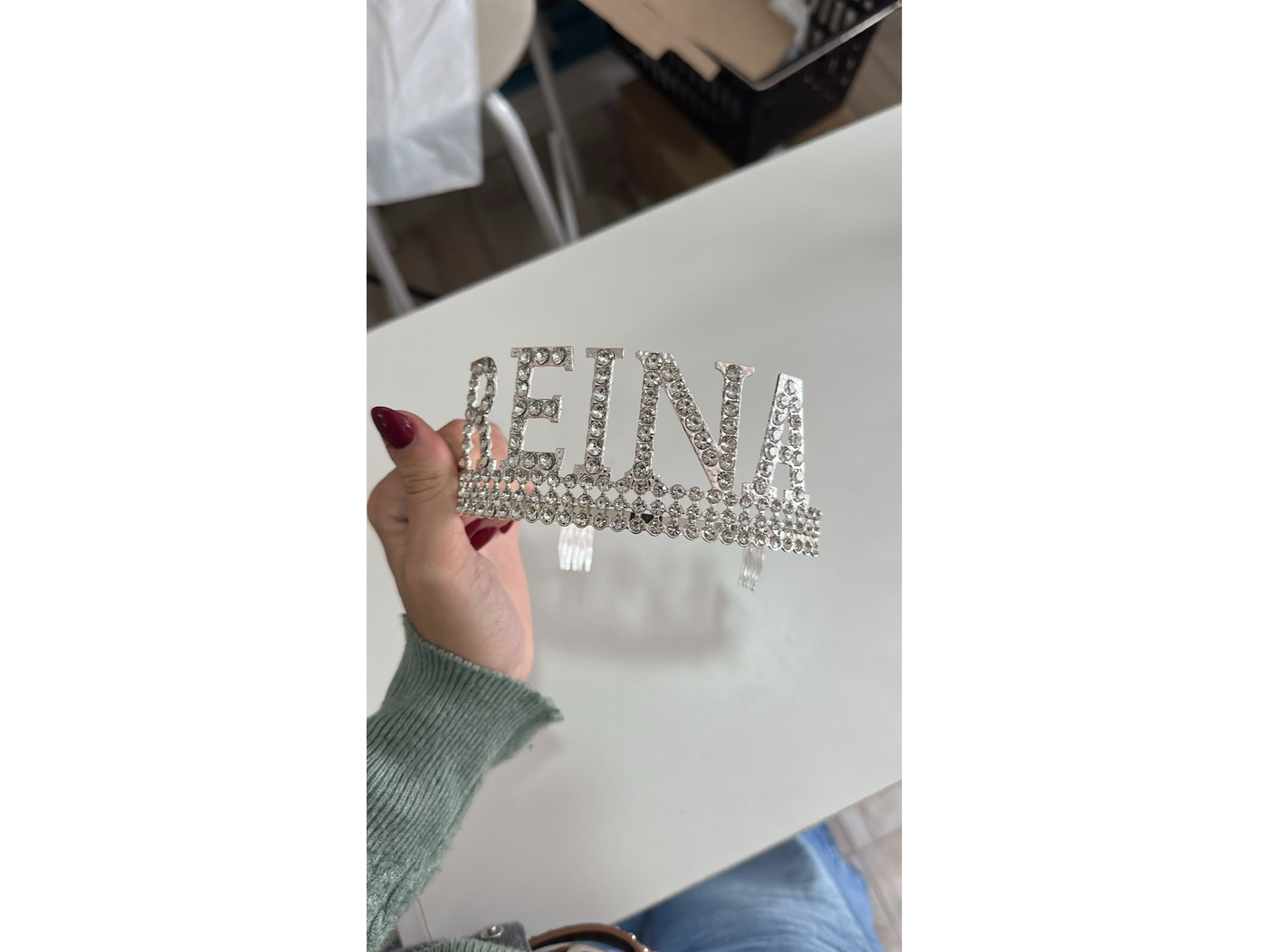 Tiara reina metal plateada con strass x1
