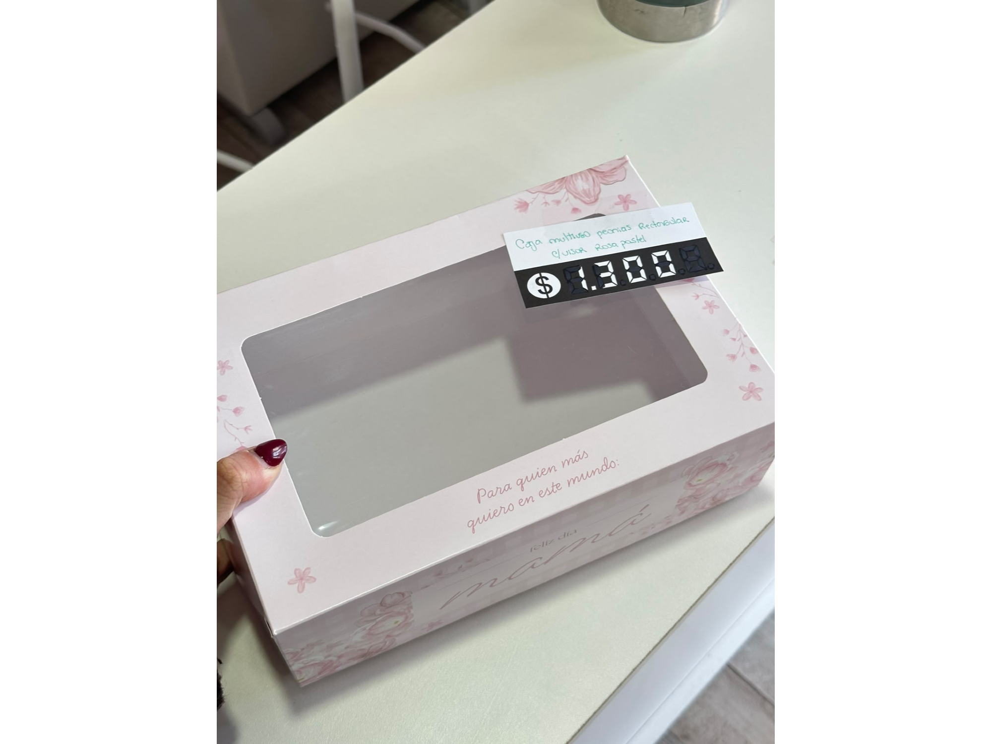 Caja multiuso peonias rectangular con visor rosa pastel