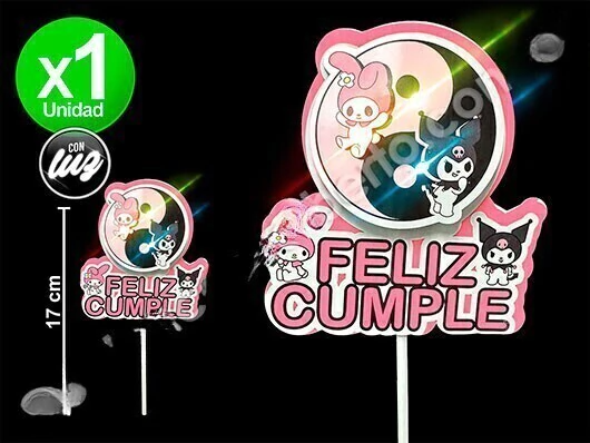 Pinche adorno feliz cumple 3d kuromi y melody con luz calumi x1u.