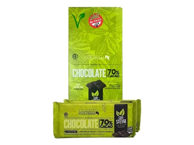Chocolate colonial cacao al 70% con stevia x100grs
