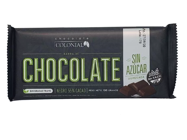 Chocolate Negro 55% Cacao, Sin Azúcar Colonial x 10