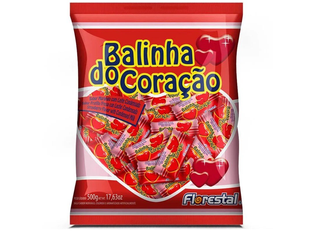 PACK BALA (CARAMELO)  BALINHA DO CORAÇÃO FLORESTAL MORANGO (FRUTILLA) 500G