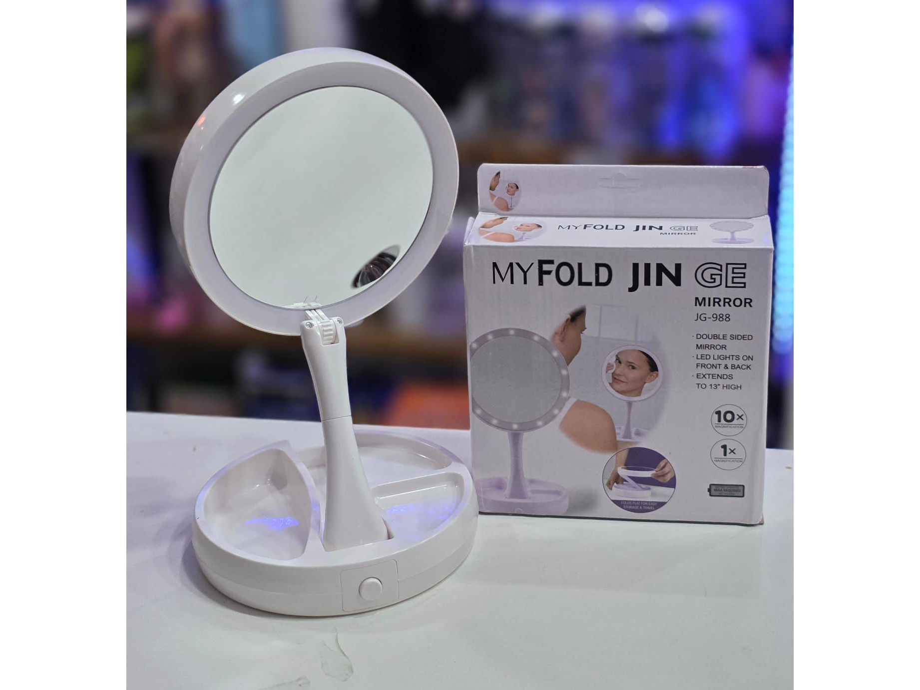 Espejo de Maquillaje LED Plegable con Base Organizadora